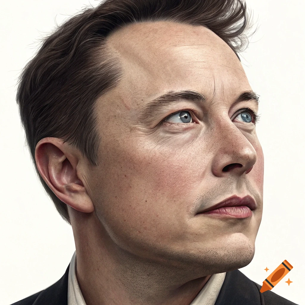 Photorealistic portrait of Elon Musk looking up and to the right.
