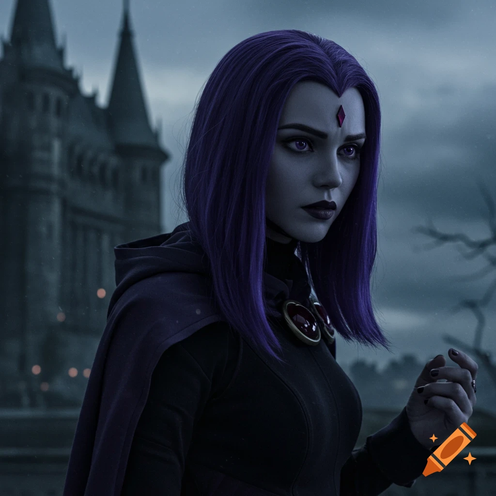 A woman in a Raven costume with purple hair and cape stands in front of a dark castle.