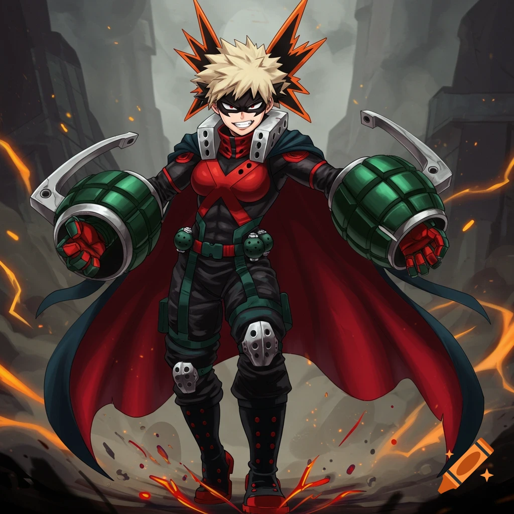 Anime character in a hero costume with grenade gauntlets standing in a ruined city