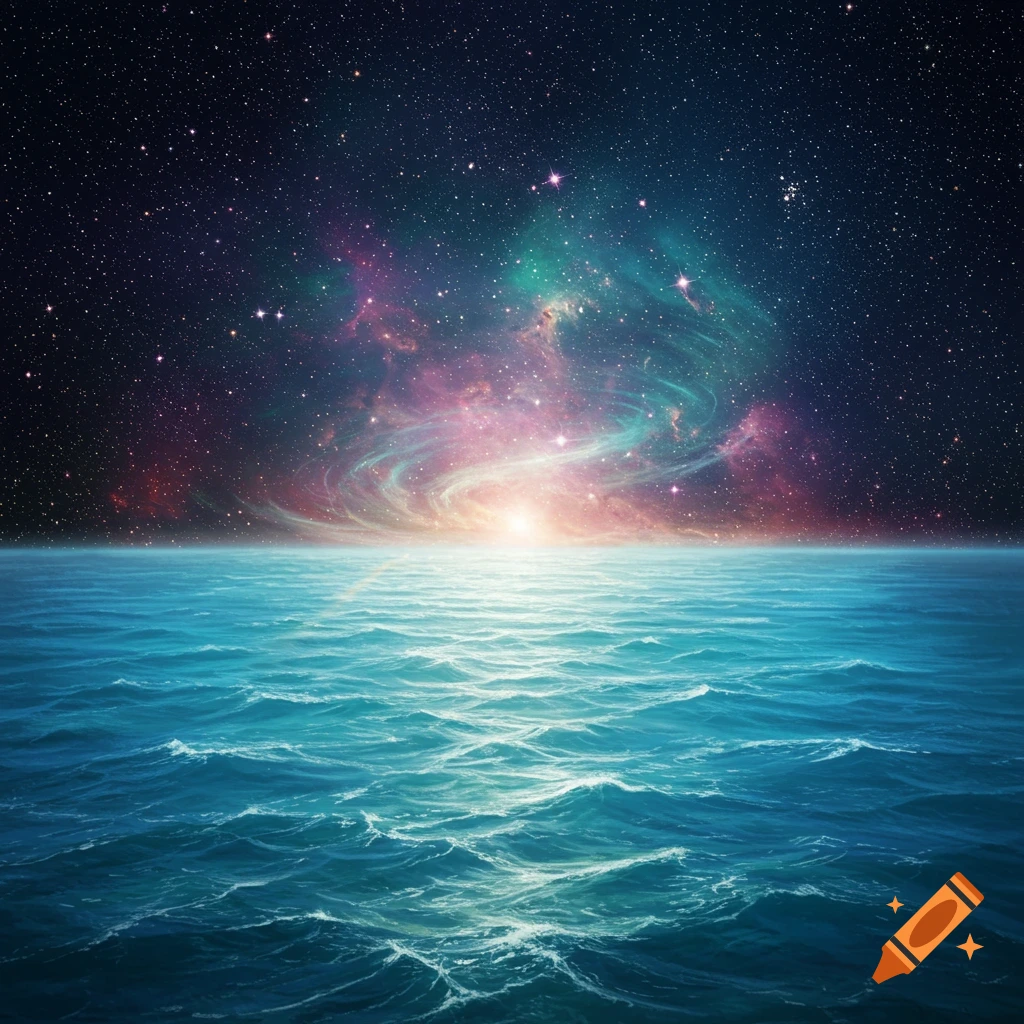 The ocean meets a star-filled space with a bright light on the horizon.