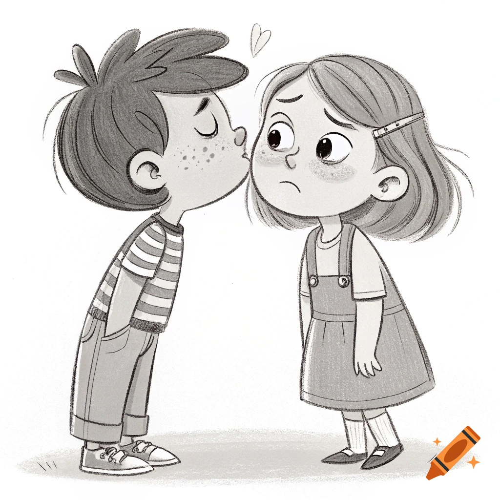 Sketch illustration of a boy leaning in to kiss an annoyed girl on the cheek