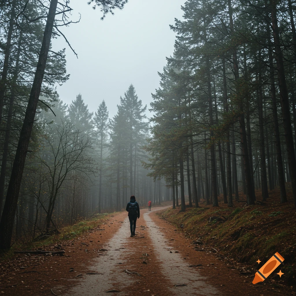 Two people walk down a dirt path through a misty forest of tall pine trees.