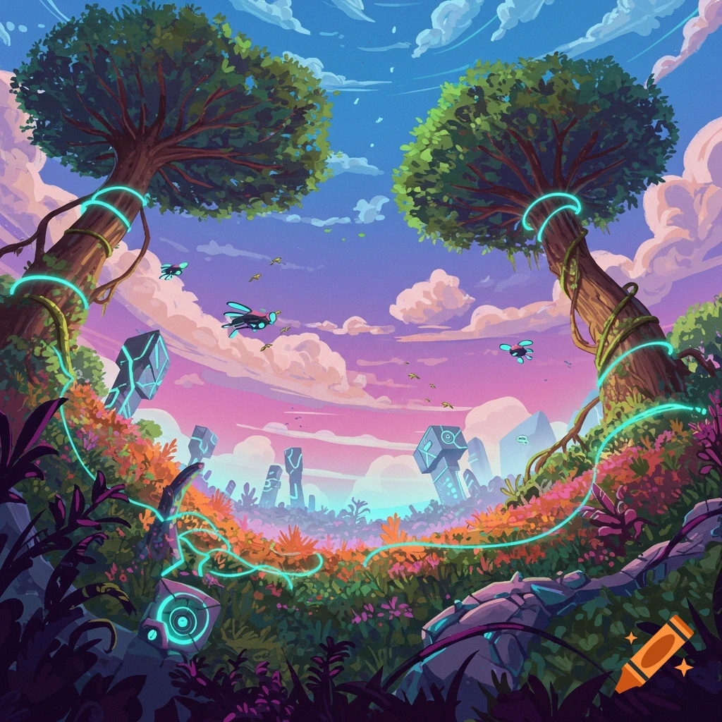 A glowing cyber nature landscape at twilight with futuristic trees, drones, and stones.