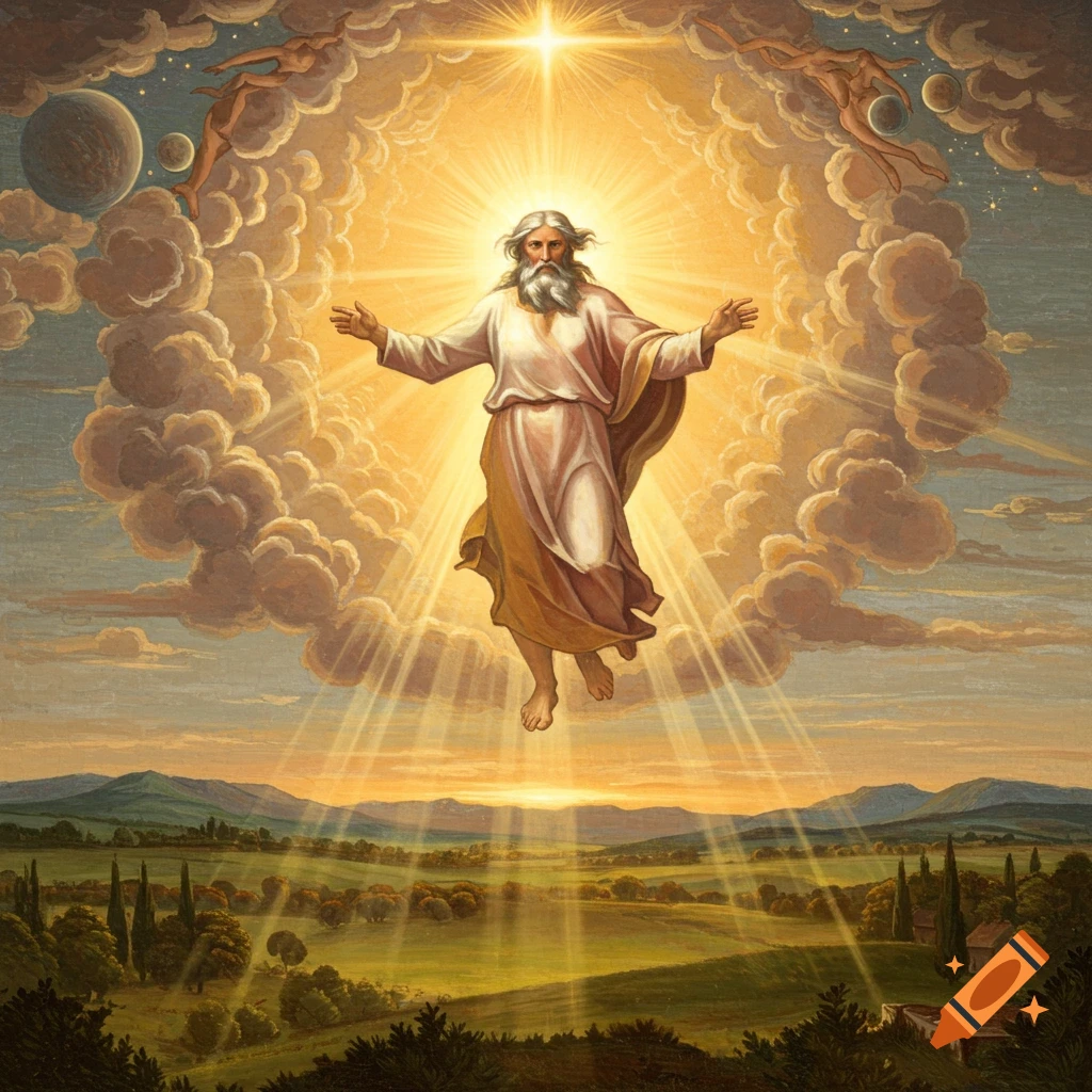 A God-like figure descending from bright clouds over a landscape.