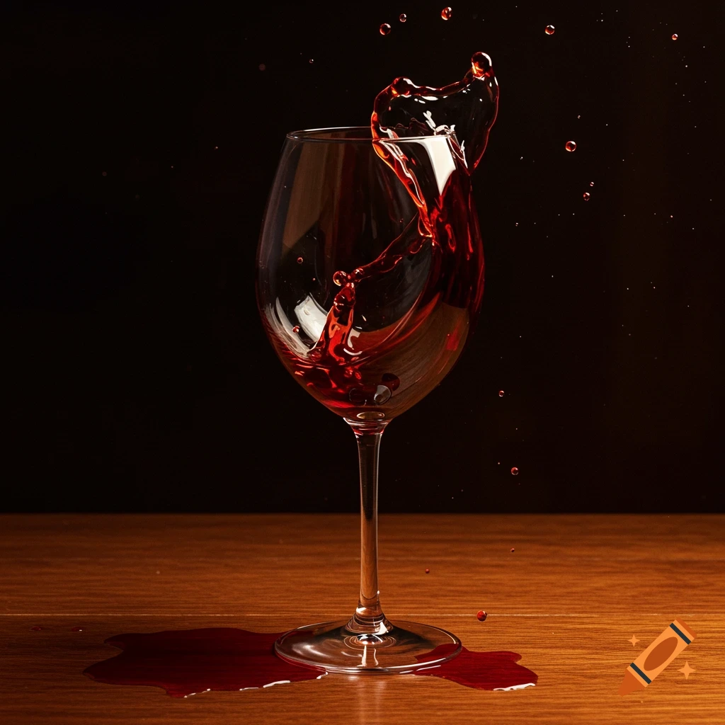 Red wine splashes out of a glass onto a wooden table.