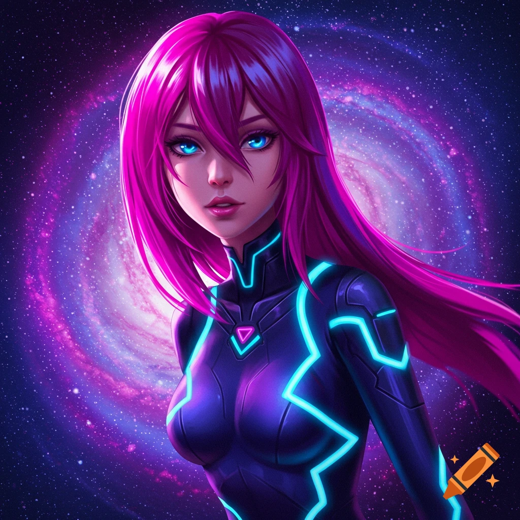 An anime woman with pink hair in a futuristic suit against a galaxy background.