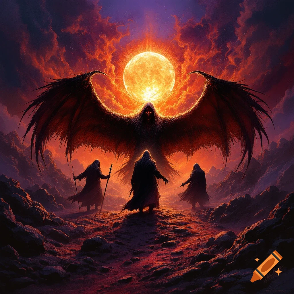 A large winged shadow figure watches over three robed figures in a dark, rocky landscape under an orange sun and fiery sky, digital art.