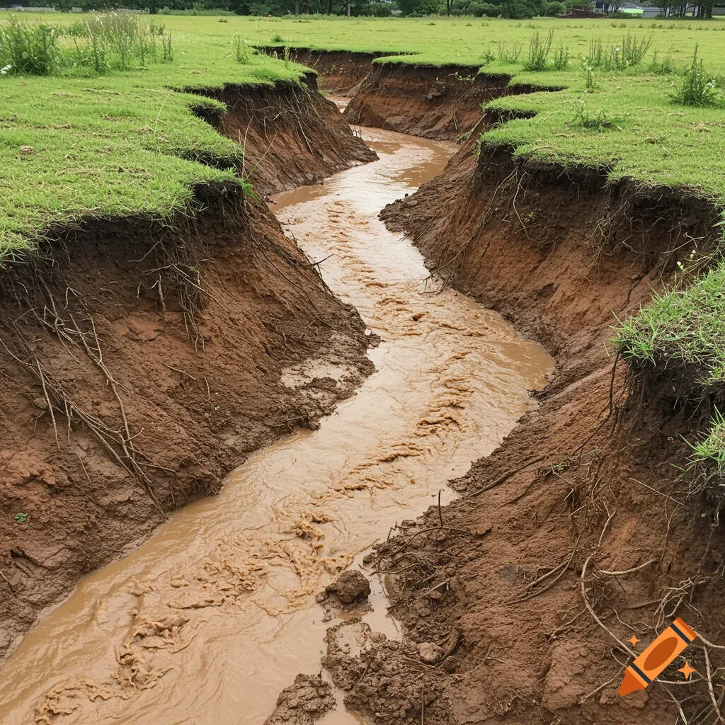 Muddy water flows through a deep, eroded gully in a grassy field.