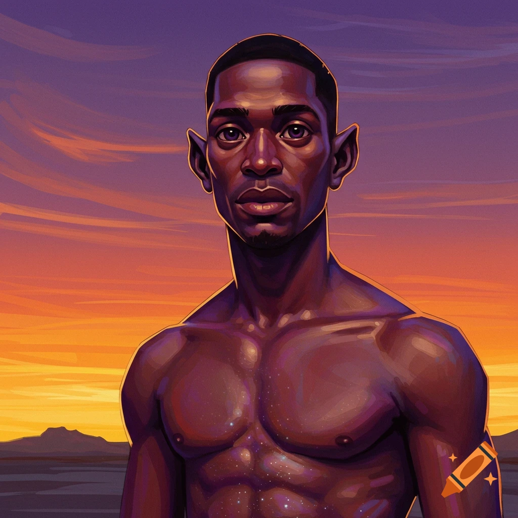 Portrait of a shirtless man against an orange and purple sunset.