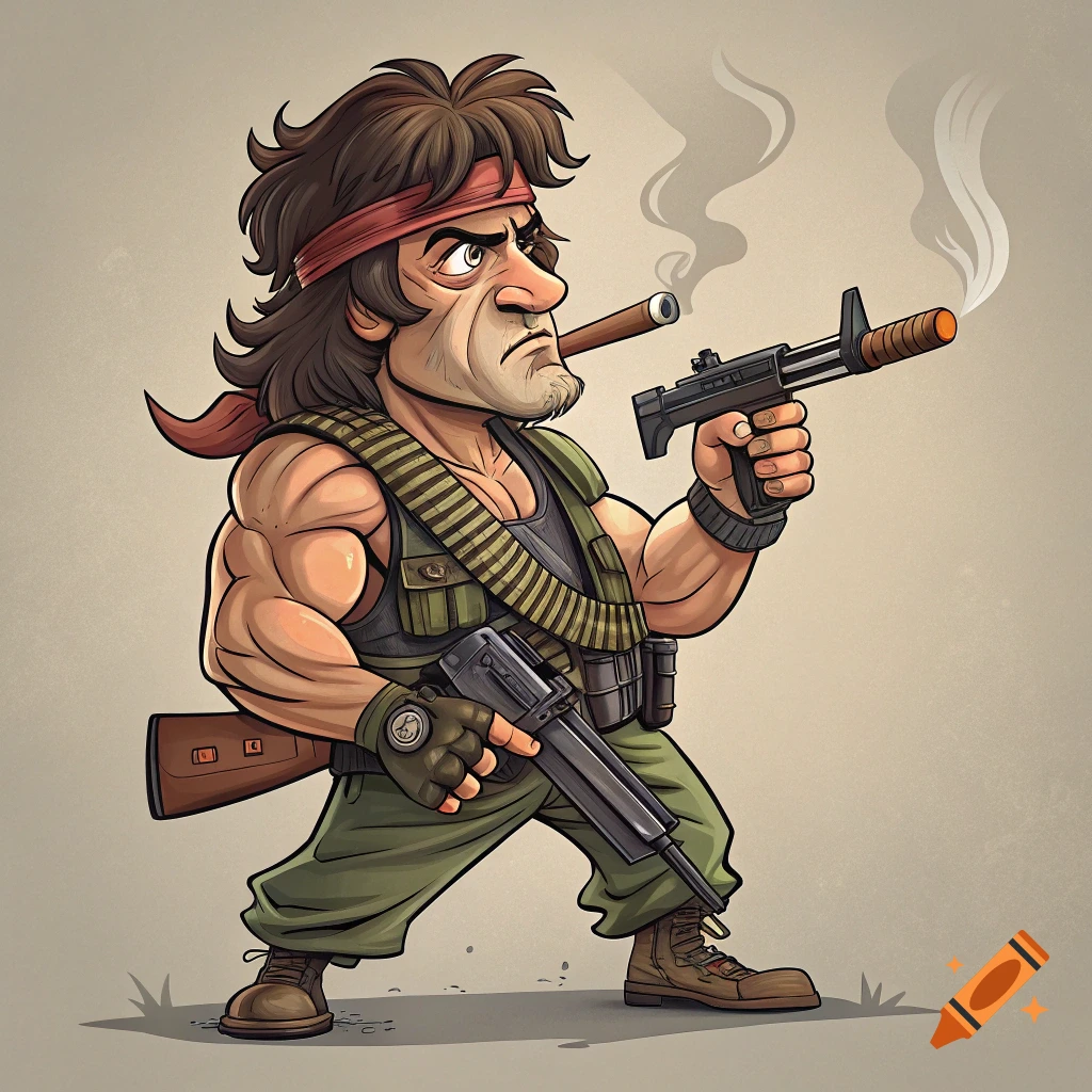 A cartoon character resembling Rambo, holding guns and smoking a cigar.
