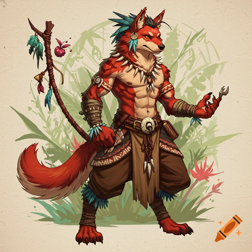 A red dog-human hybrid male in tribal clothing holds a feathered staff.