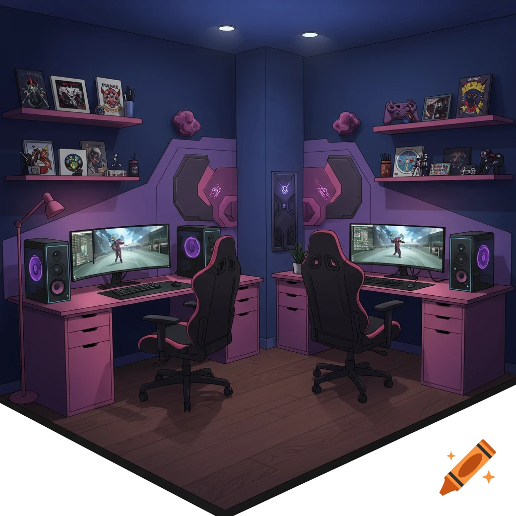 A blue and pink gaming room with two computer setups