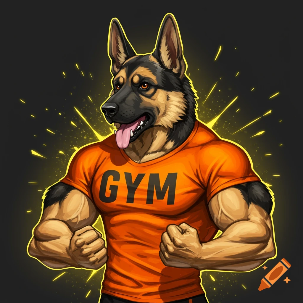 Digital illustration of a muscular German Shepherd dog wearing an orange 'GYM' t-shirt and flexing.