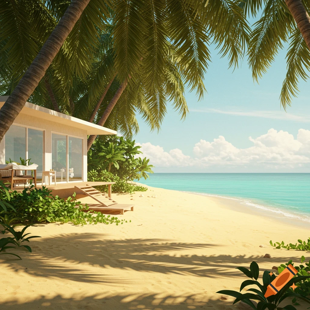 A modern house on a tropical beach with palm trees.
