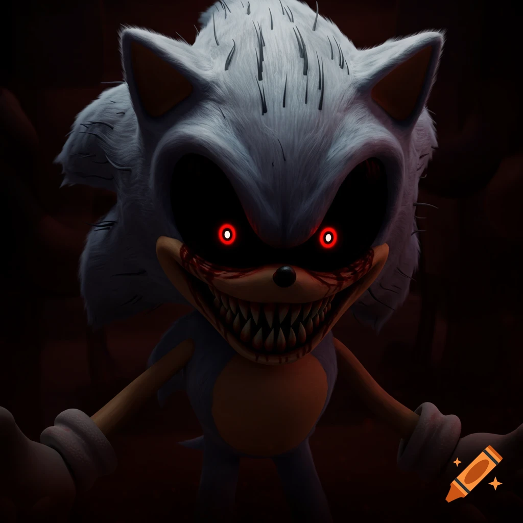 Creepy distorted blue hedgehog creature with red eyes, sharp teeth, and blood in a dark environment