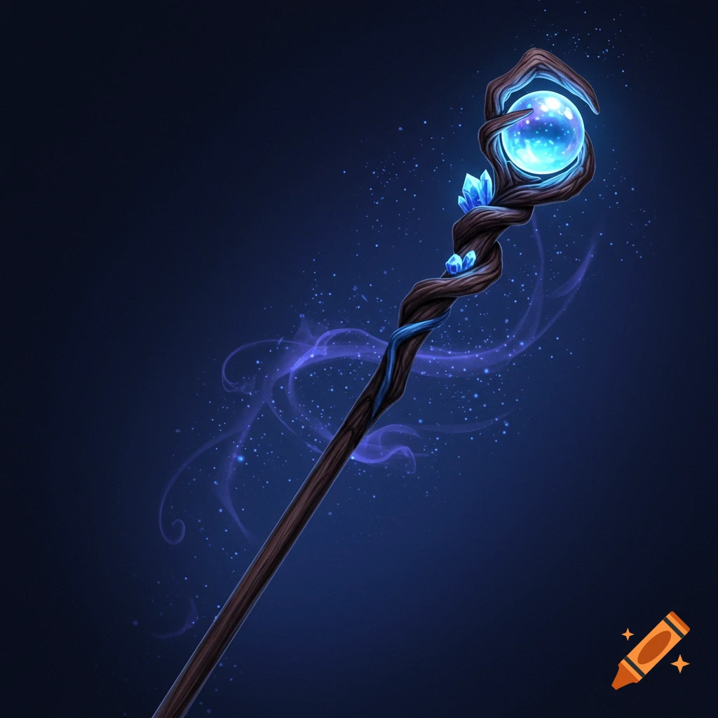 A wizard staff with a glowing blue orb and crystals.