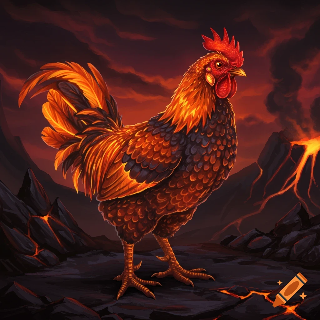 A fiery rooster stands on lava-cracked ground with an erupting volcano in the background.