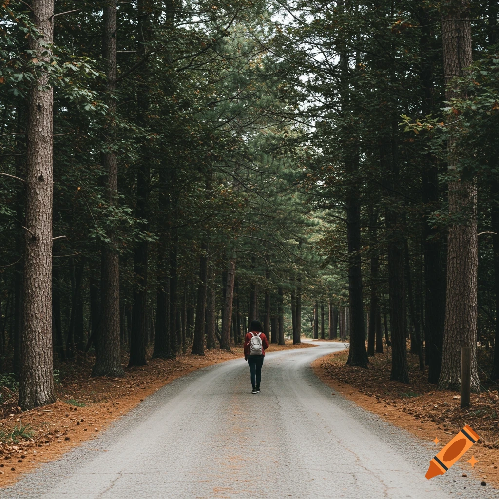 A person walks down a winding road through a dense forest.