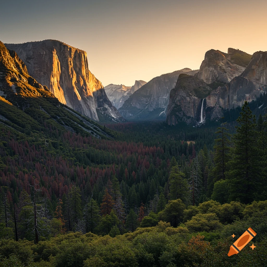Panoramic view of Yosemite Valley at sunset with El Capitan, Half Dome, and a waterfall