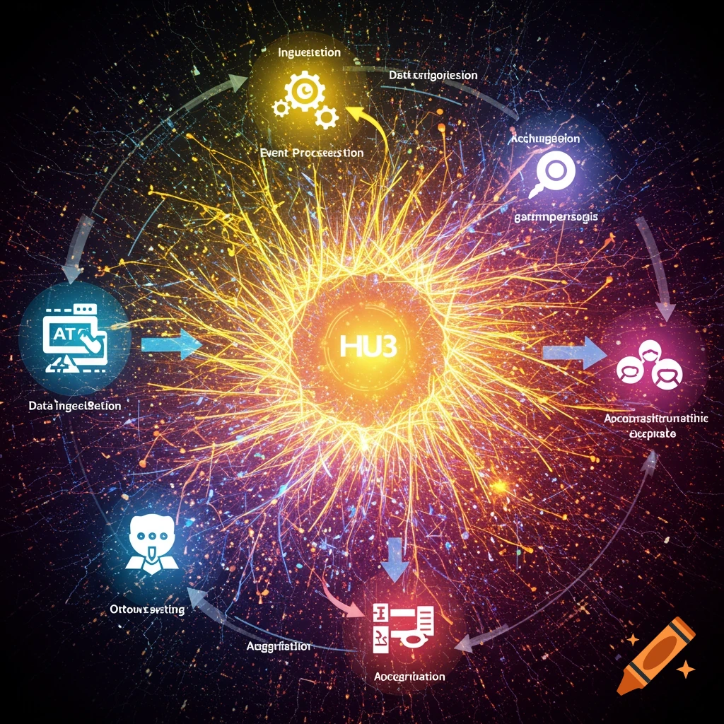 Abstract image of a process flow diagram with a central glowing hub and nodes