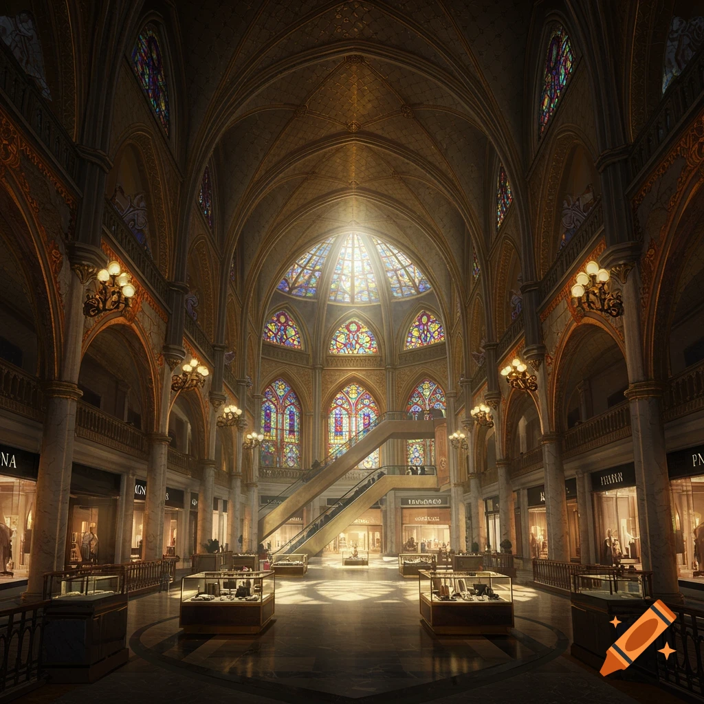 A luxurious interior combining cathedral arches, stained glass, and a shopping mall with shops, escalators, and display cases under dramatic light.