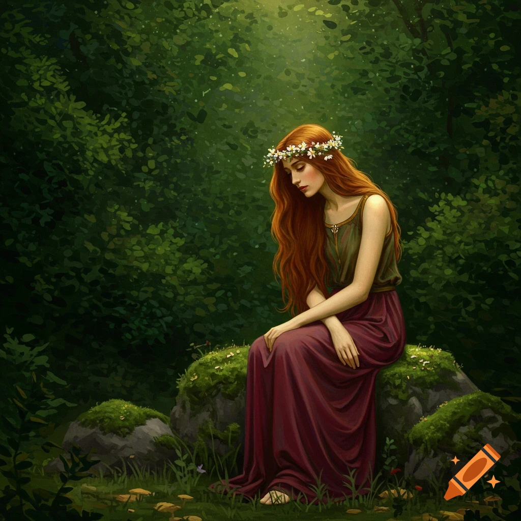 A woman with red hair and flower crown sitting on a mossy rock in a forest.