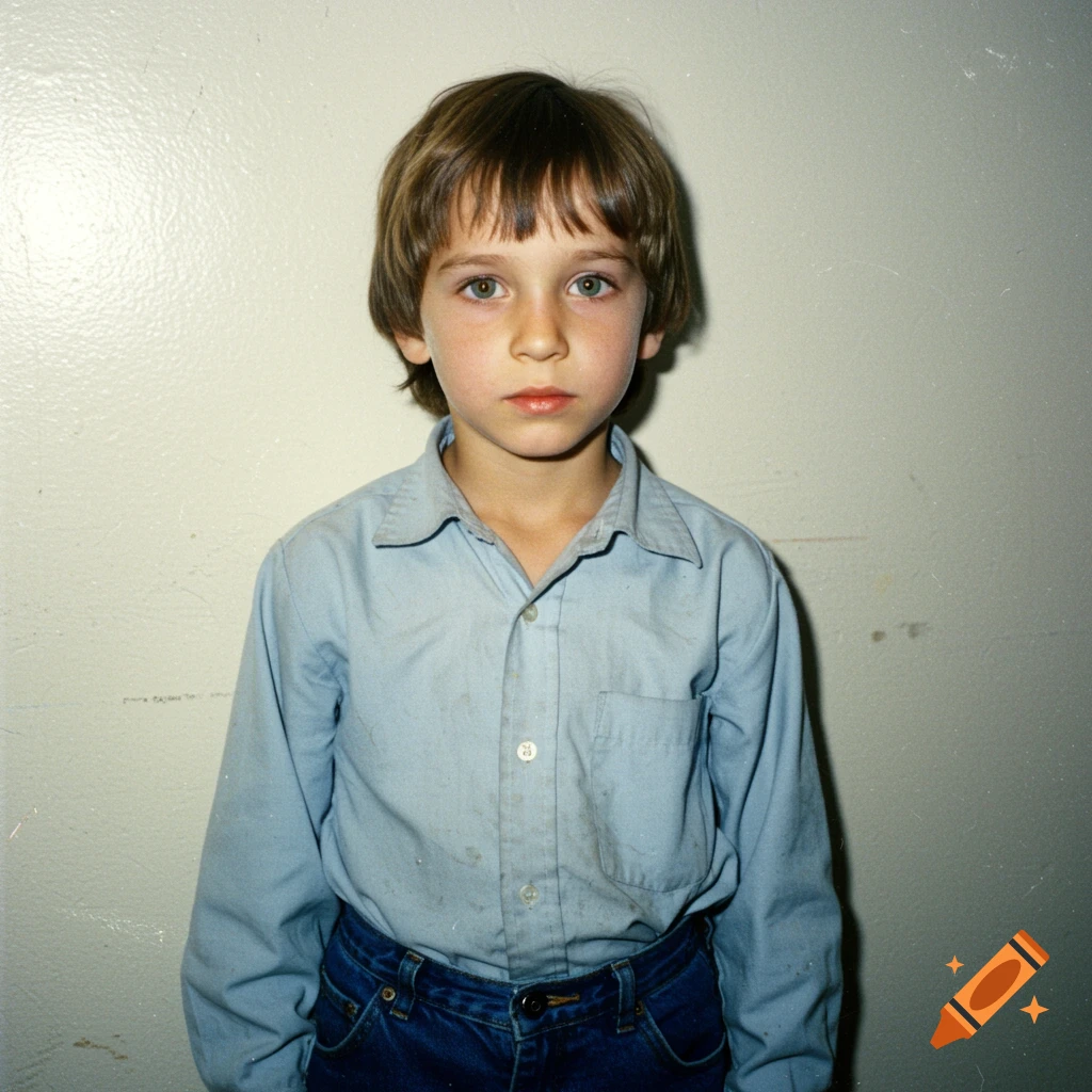 Old photograph of a young boy with light brown hair and green eyes, wearing a light blue shirt and jeans, standing against a wall.