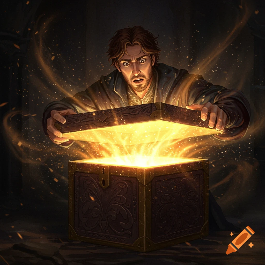 A man opens a glowing, ornate wooden box in a dark room.