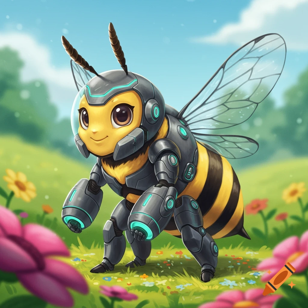 Cartoon bee wearing an exo suit stands in a field of flowers.