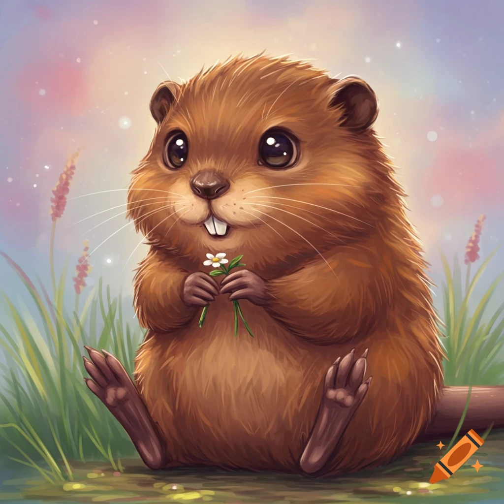 A cute, furry animal sits holding a small white flower.