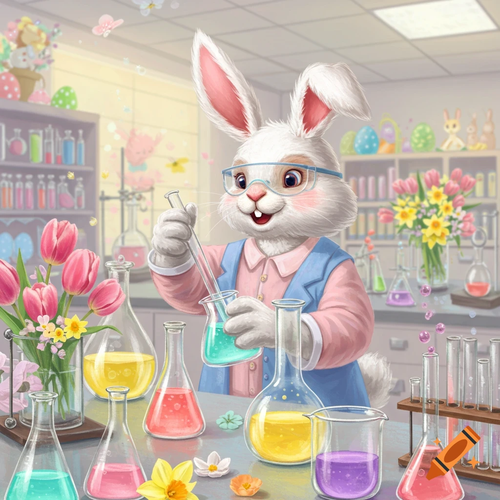Cartoon Easter bunny in a chemistry lab mixing colorful liquids among flowers and beakers