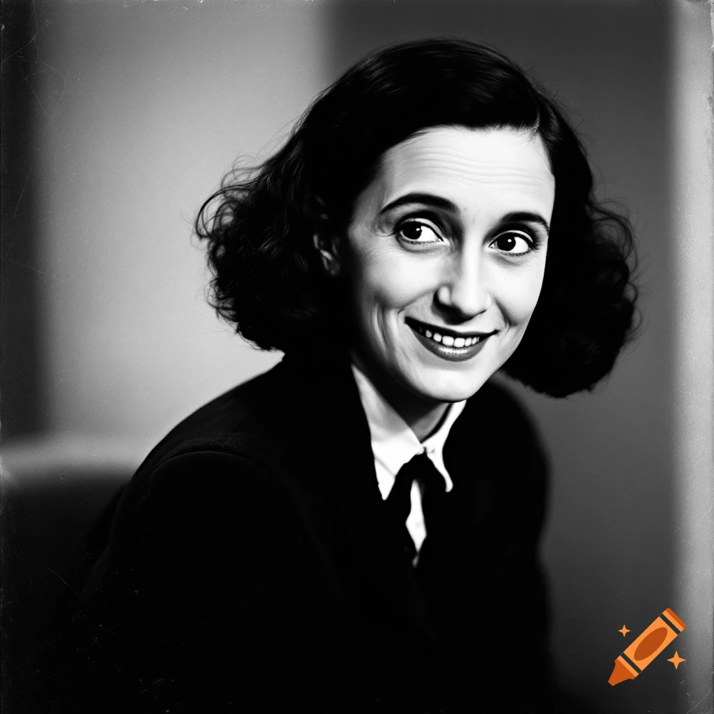 Black and white portrait of a woman smiling and looking upwards.