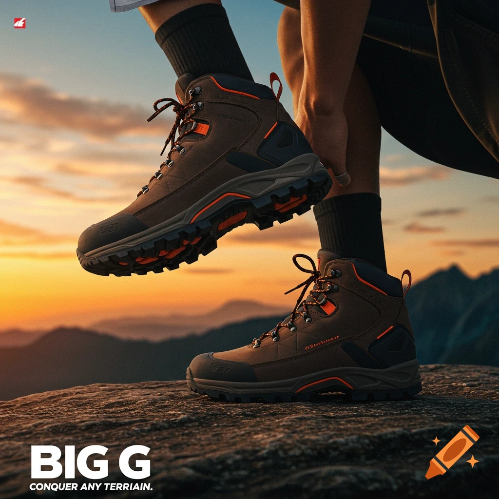 Pair of brown hiking boots on a rock with a sunset background and text overlay.