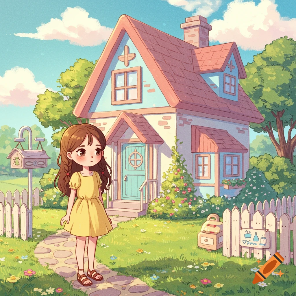 A whimsical illustration of a young girl standing in front of a charming cottage with a garden and white picket fence.