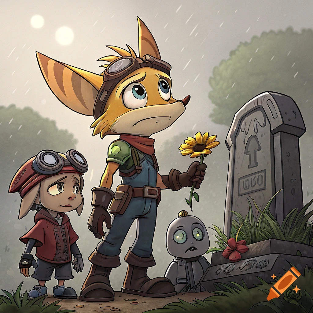 Cartoon characters (like Ratchet and Clank) stand sadly in the rain by a grave.