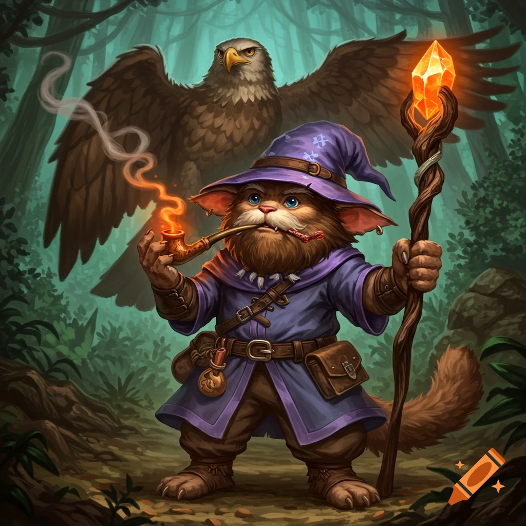 A cat wizard smoking a pipe and holding a glowing staff, with an eagle behind him in a magical forest.