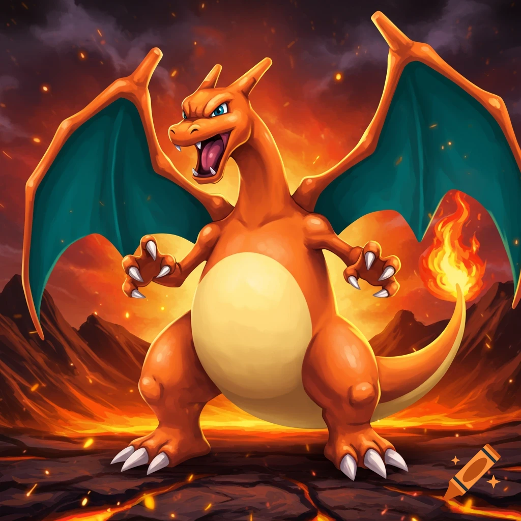 Charizard stands in a fiery volcanic landscape.