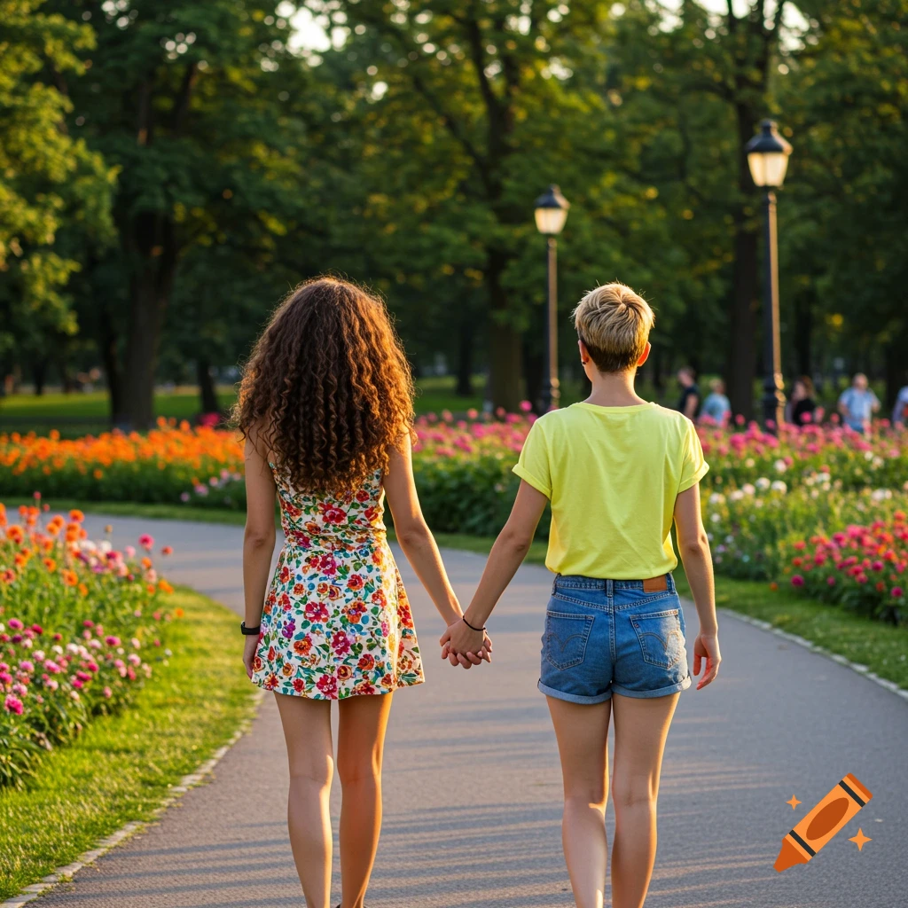 Two women holding hands and walking through a park filled with flowers.
