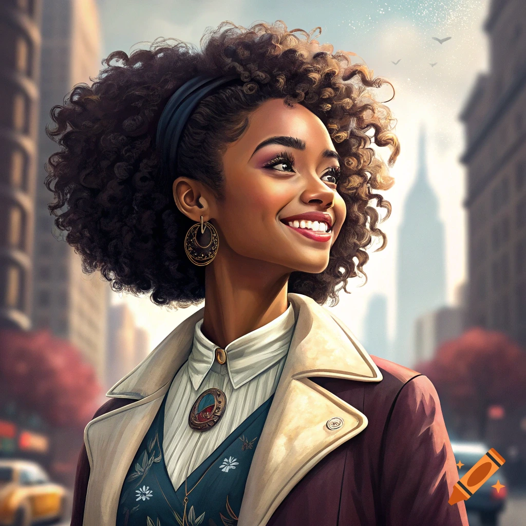 Portrait of a smiling young Black woman with curly hair looking up on a city street.