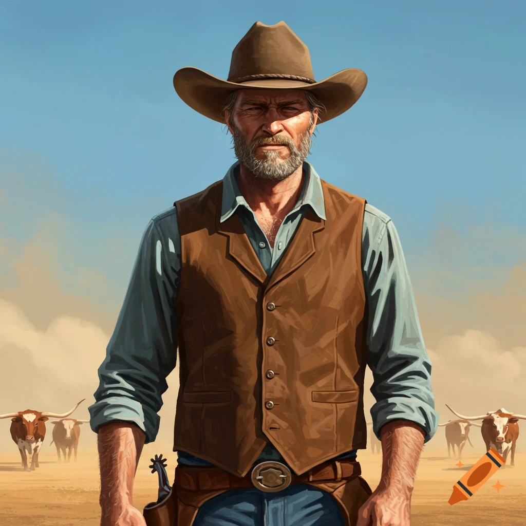 A weathered cowboy with longhorn cattle in the background.