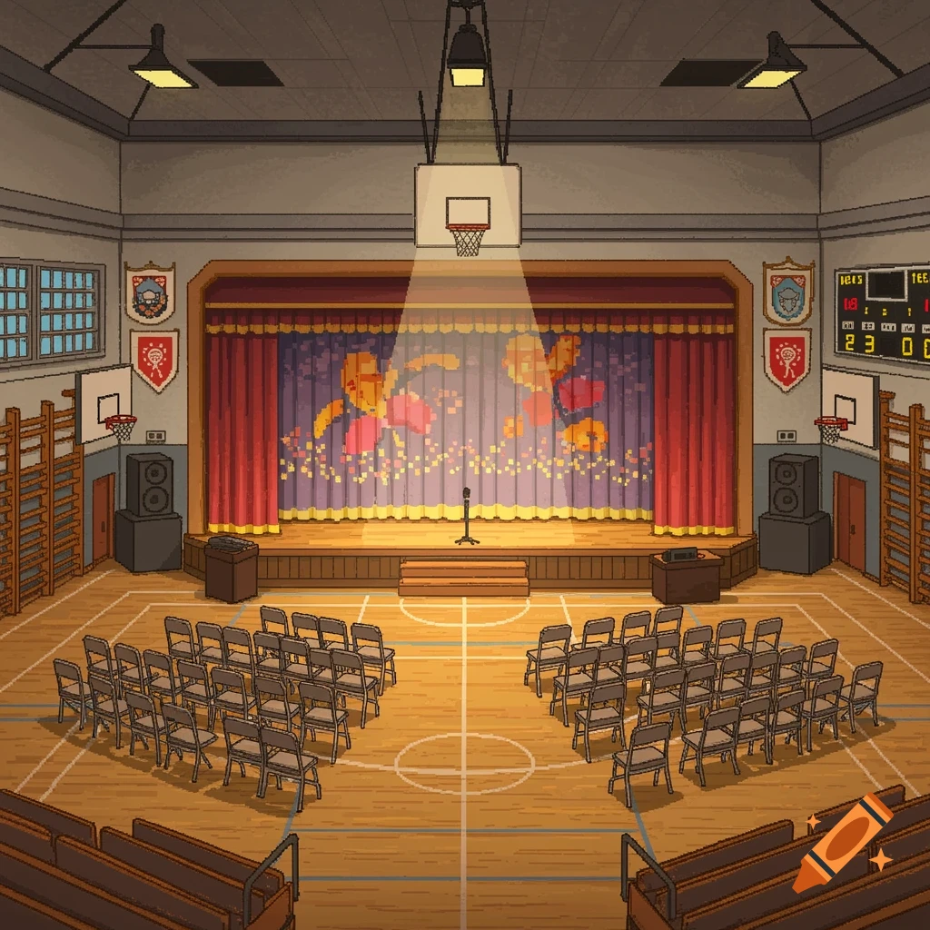 Detailed pixel art of a school gym stage with curtain, spotlight, chairs, scoreboard, and bleachers.
