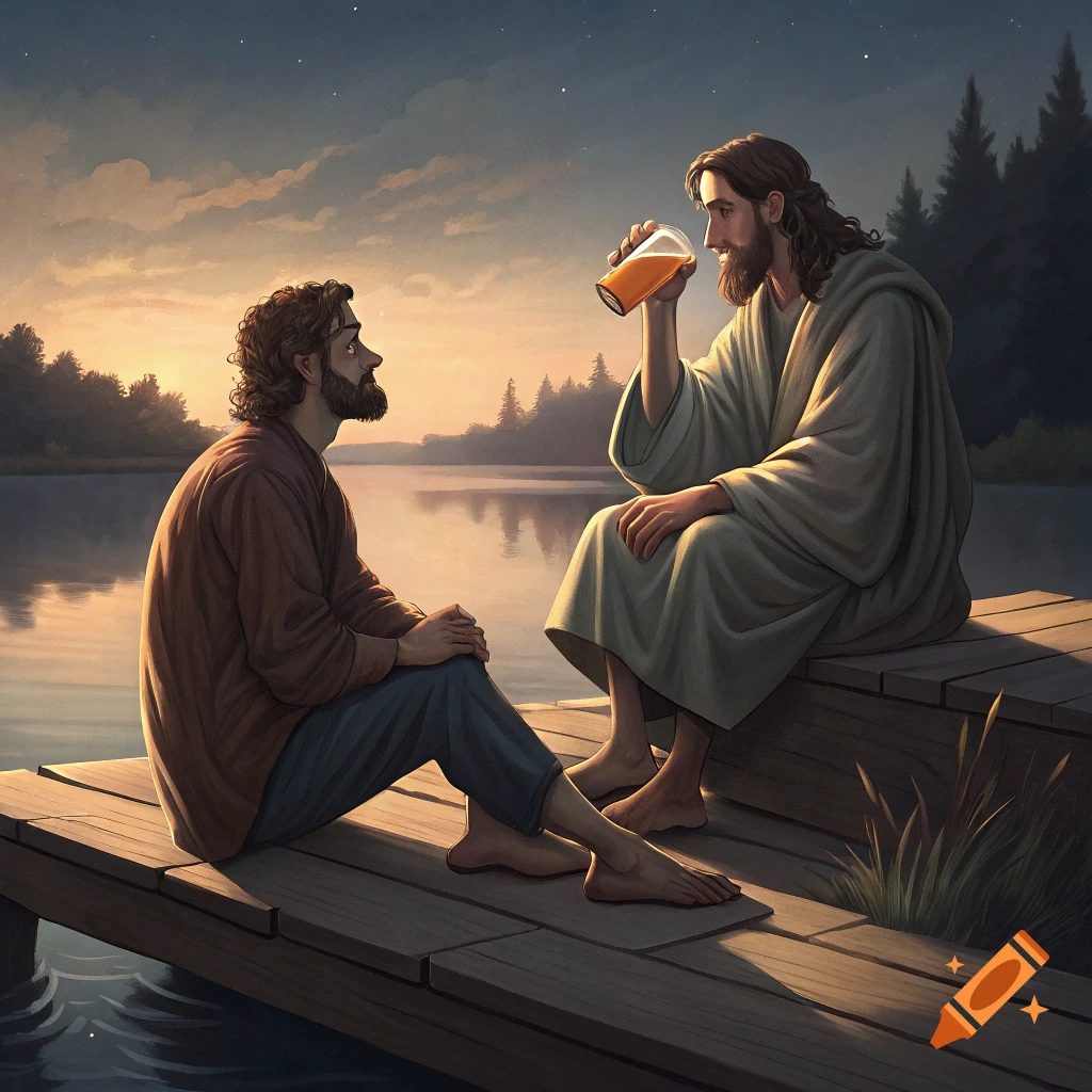 Two men sit on a dock by a lake at sunset, one drinks from a glass.