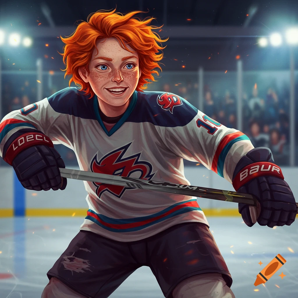 A red-haired person in a hockey uniform on the ice, holding a stick.