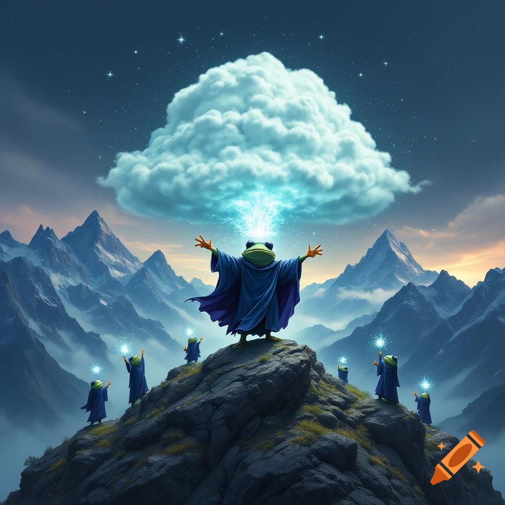 Cartoon frogs in wizard robes cast magic at a cloud on a mountain peak.