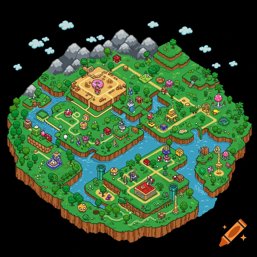 A vibrant, detailed isometric pixel art map of a video game world with forests, mountains, rivers, and iconic characters and objects.