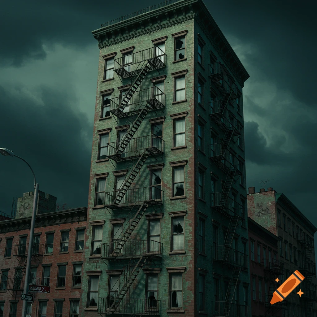 A tall, old green apartment building with fire escapes under a dark, cloudy sky.