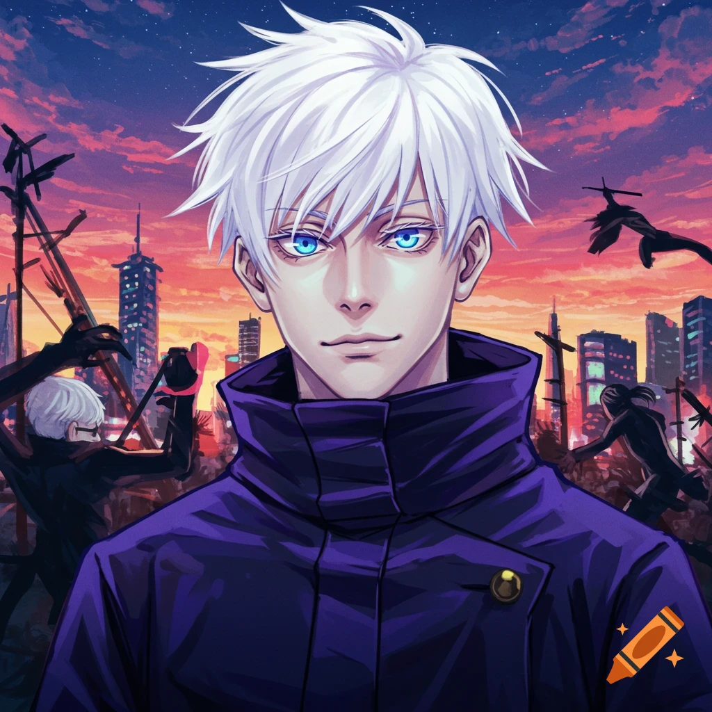 Satoru Gojo from Jujutsu Kaisen with white hair and blue eyes against a city skyline at sunset with shadowy figures.