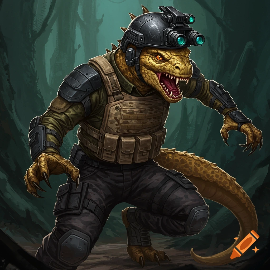 A lizard creature in tactical gear in a forest.