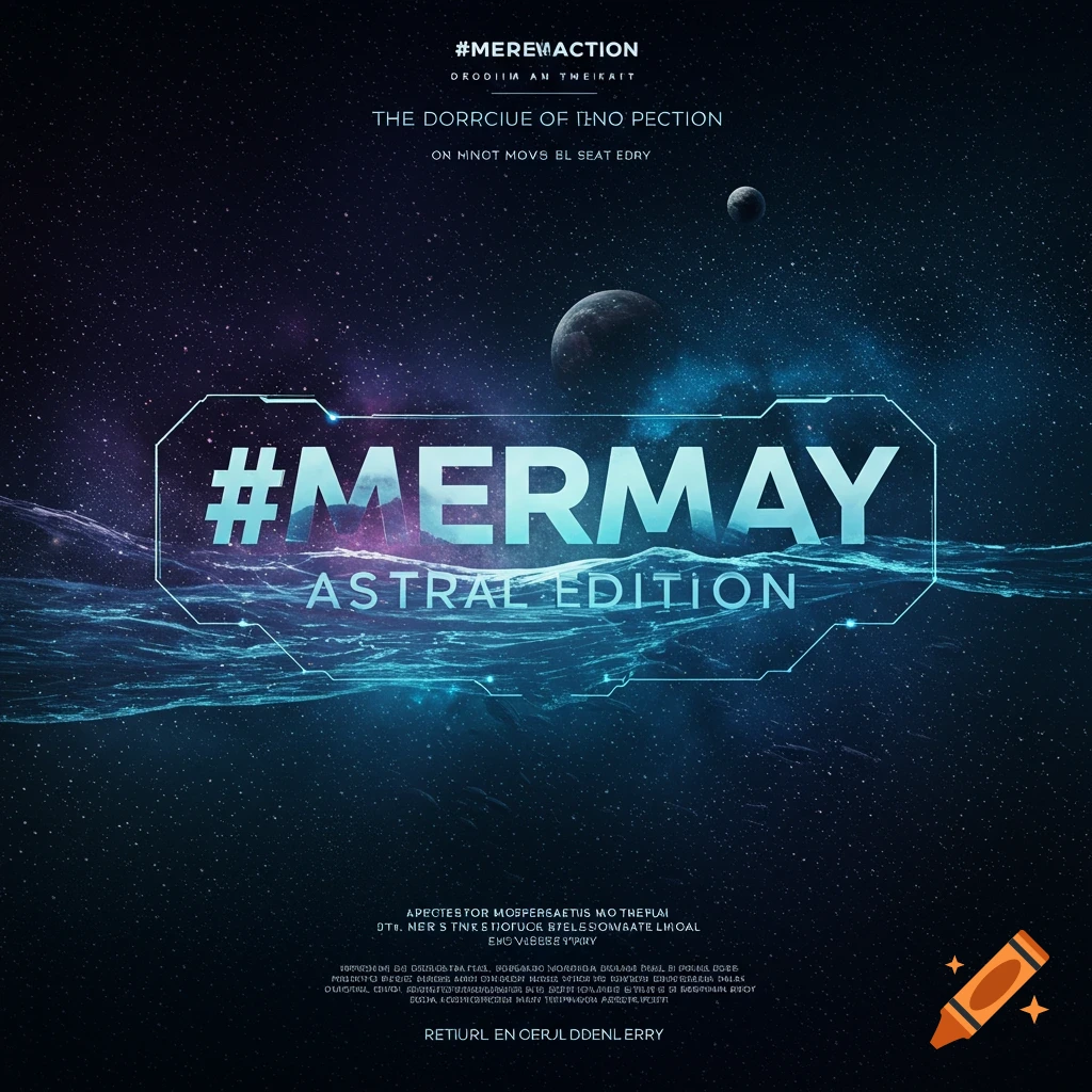 Sci-fi poster for #MerMay Astral Edition with glowing text and UI over space background.