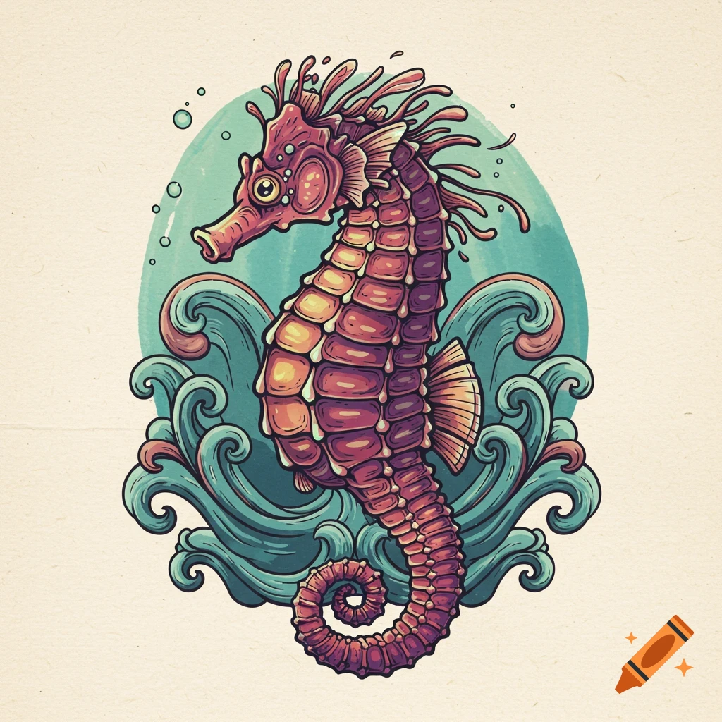 Stylized illustration of a seahorse with waves and bubbles.
